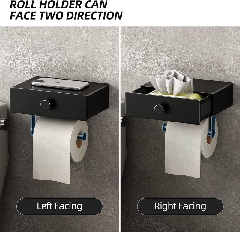 Voldra Toilet Paper Holder with Shelf Black Wipes Dispenser for Bathroom Toilet Paper Holder with Storage Upgrade Drawer Design Toilet Tissue Holder Adhesive Small Bathroom Shelf Wall Mount - Image 4